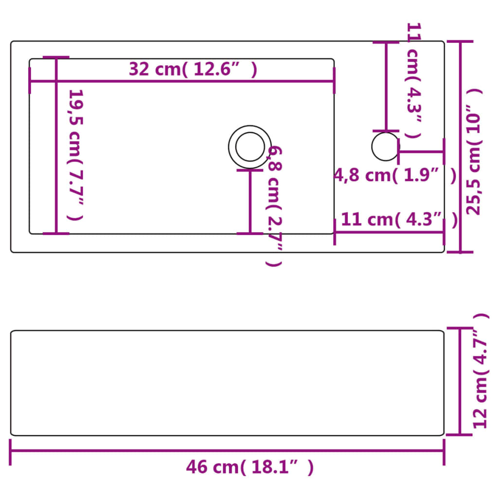 Wastafel met kraangat rechthoekig wit 46x25,5x12 cm keramiek