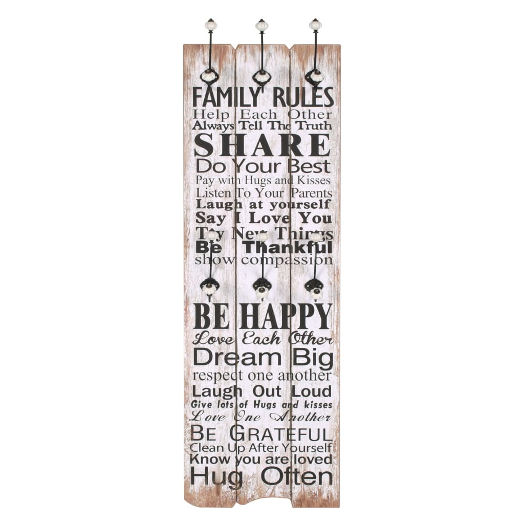 Wandkapstok met 6 haken FAMILY RULES 120x40 cm