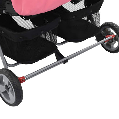 Tweelingkinderwagen staal roze en zwart