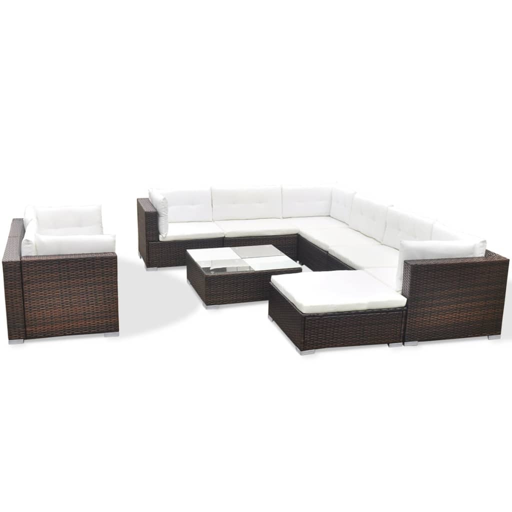 10-delige Loungeset met kussens poly rattan bruin