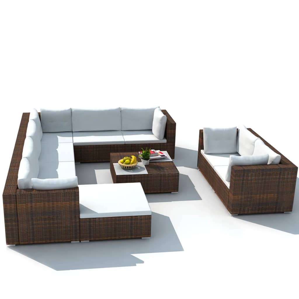 10-delige Loungeset met kussens poly rattan bruin