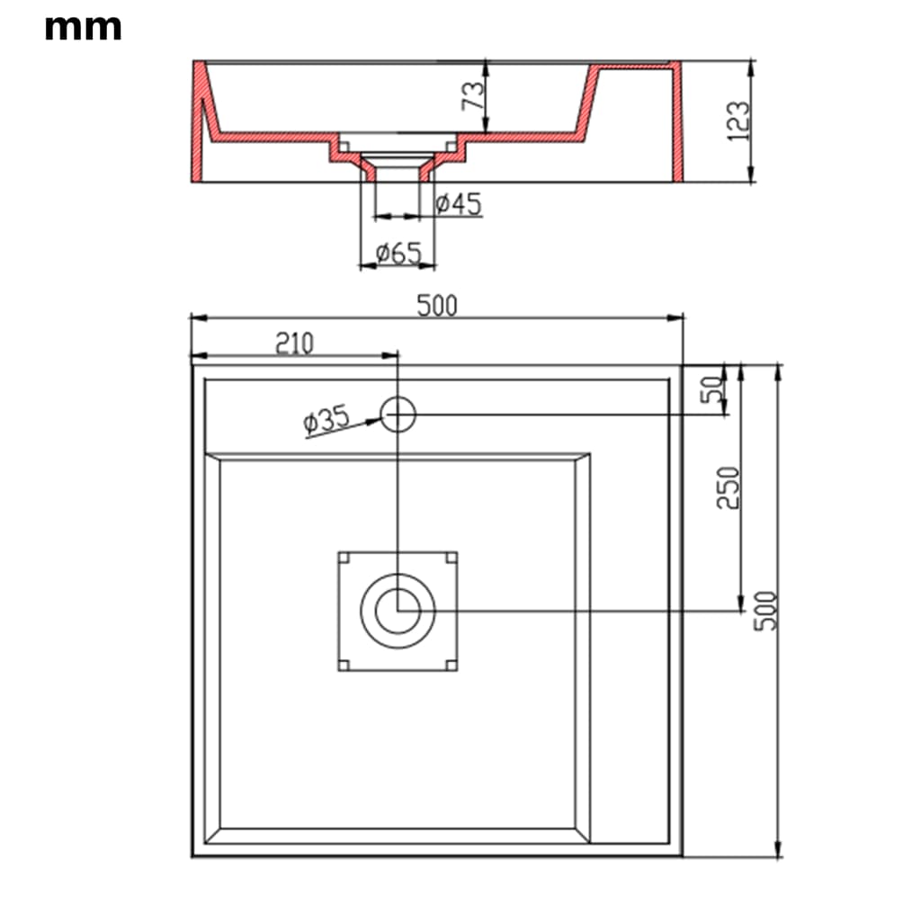 Wastafel 50x50x12,3 cm mineraal gegoten/marmer gegoten wit