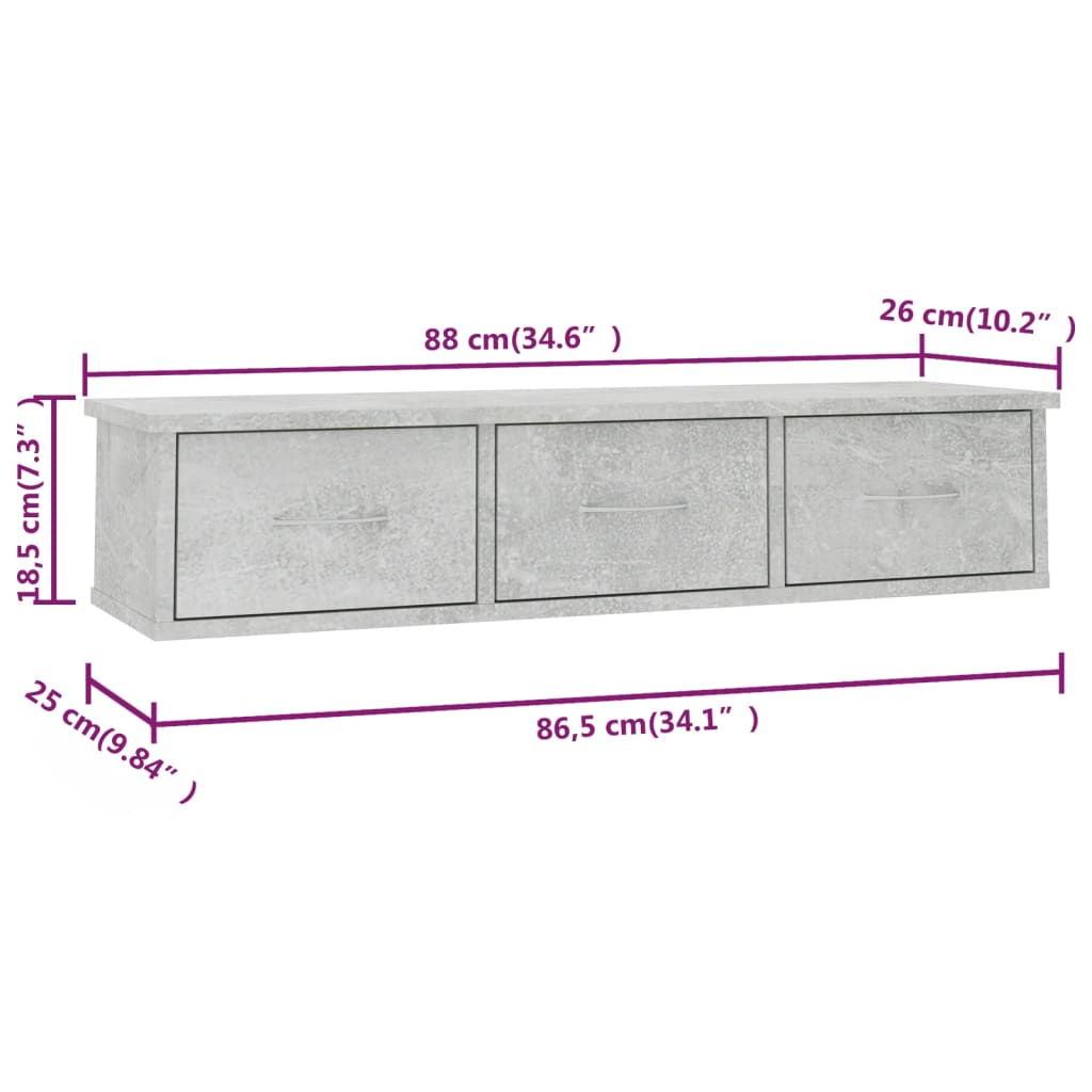 Wandschap met lades 88x26x18,5 cm bewerkt hout betongrijs