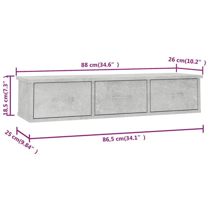 Wandschap met lades 88x26x18,5 cm bewerkt hout betongrijs