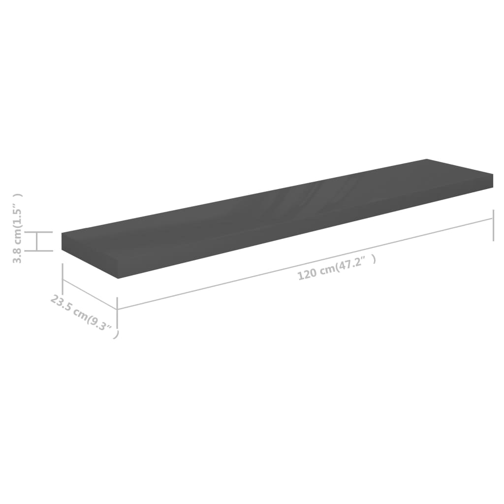 Wandschappen zwevend 4 st 120x23,5x3,8 cm MDF hoogglans grijs