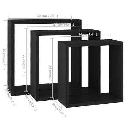 Wandschappen kubus 3 st MDF zwart