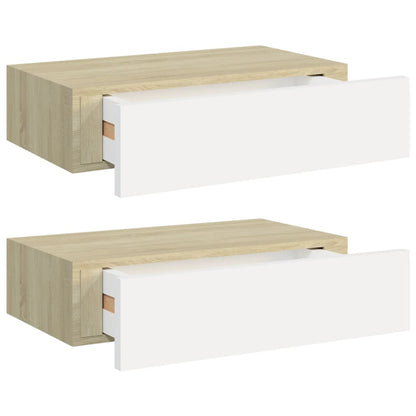 Wandschappen 2 st met lade 40x23,5x10 cm MDF eikenkleur en wit