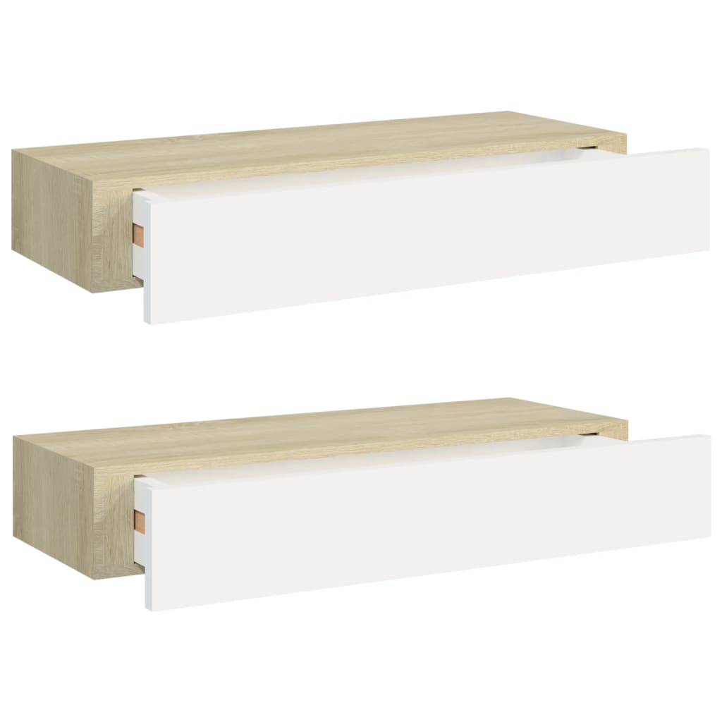 Wandschappen 2 st met lade 60x23,5x10 cm MDF eikenkleurig wit