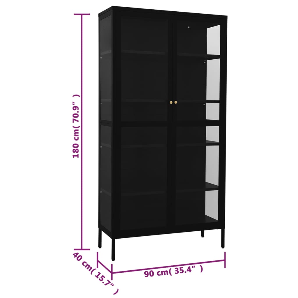 Vitrinekast 90x40x180 cm staal en gehard glas zwart