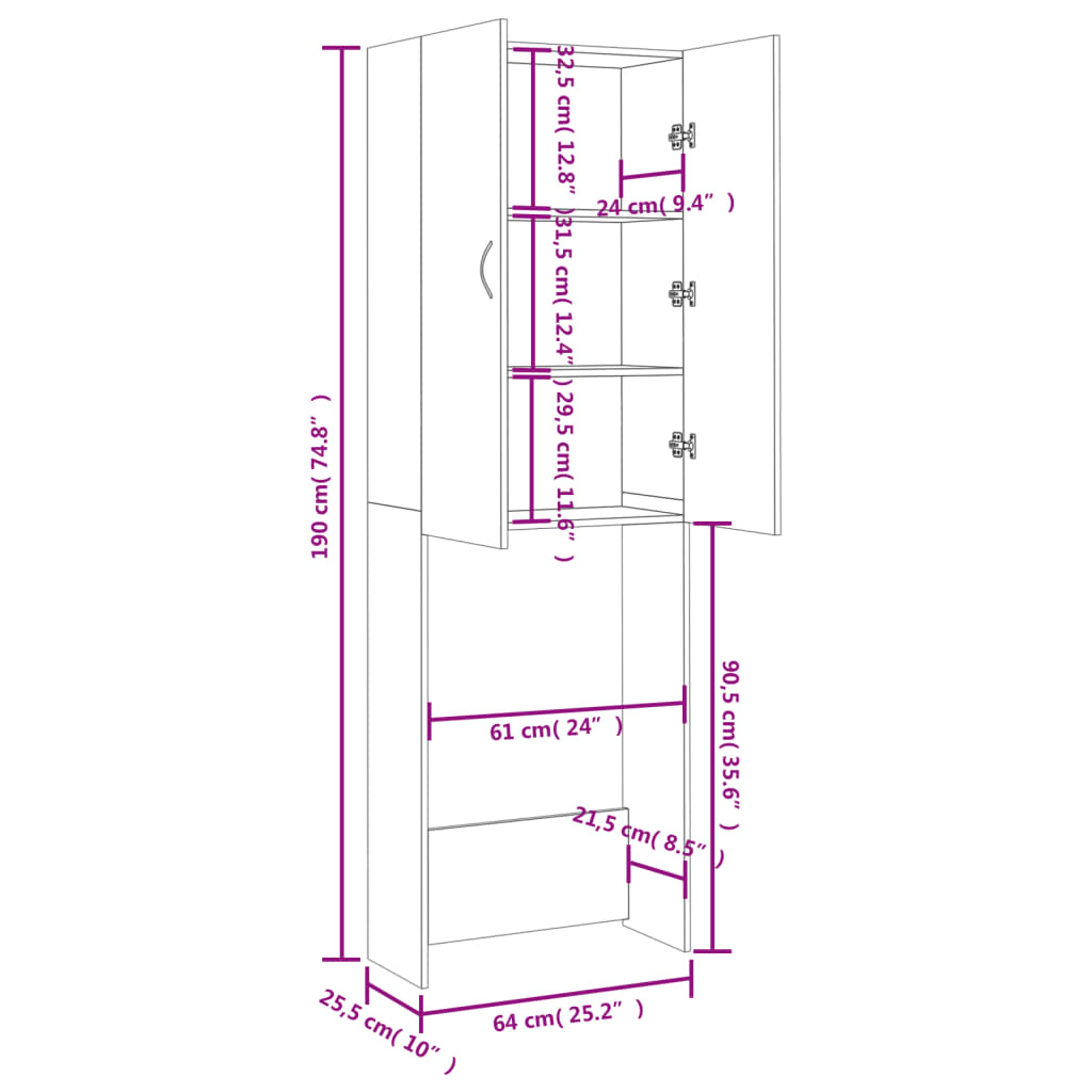 Wasmachinekast 64x25,5x190 cm zwart