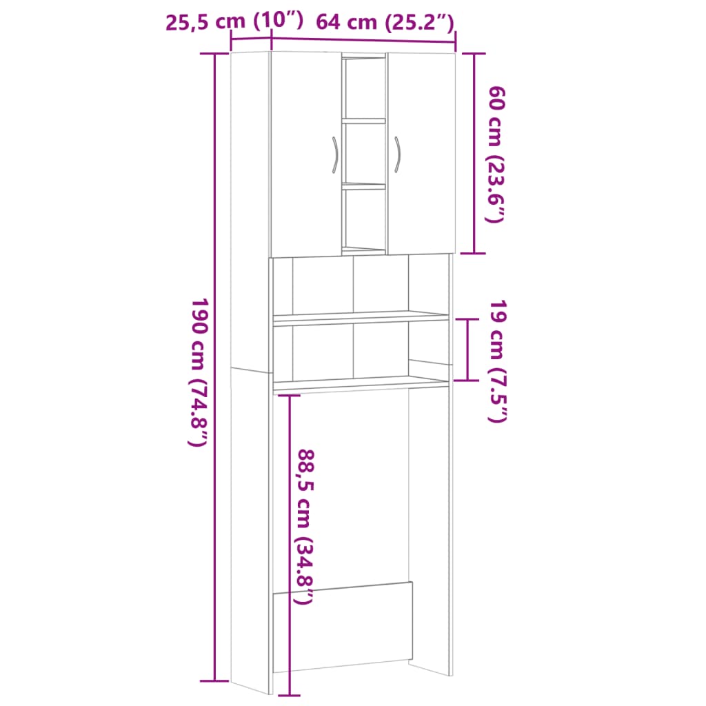 Wasmachinekast 64x25,5x190 cm betongrijs