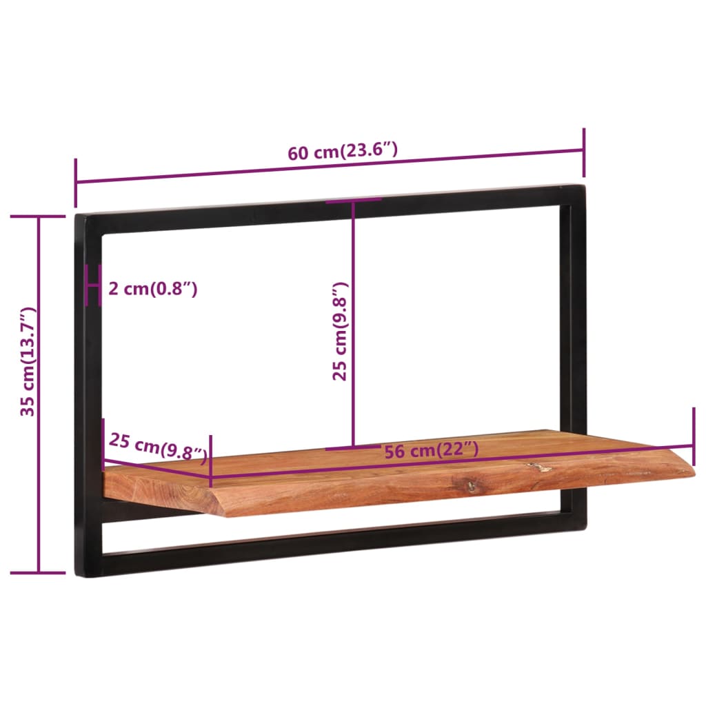 Wandschappen 2 st 60x25x35 cm massief acaciahout en staal