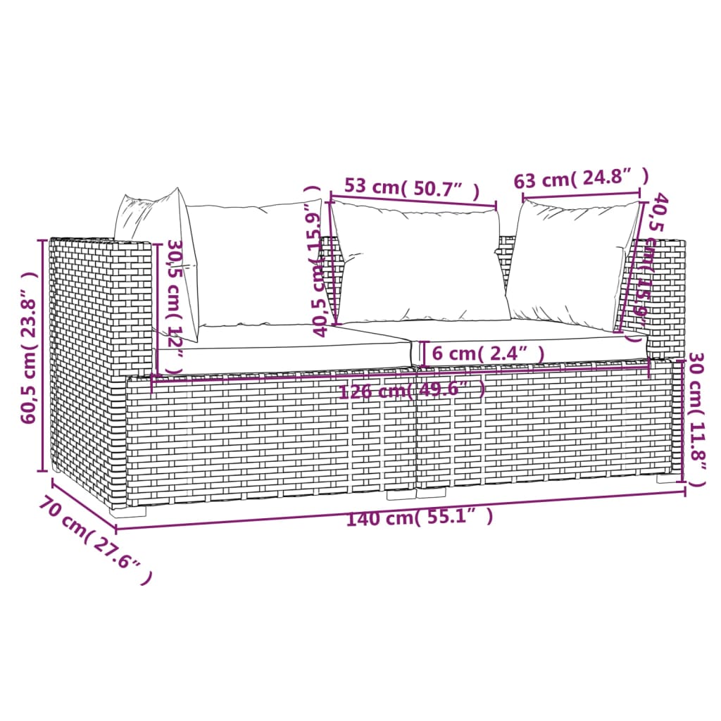 Tweezitsbank met kussens poly rattan bruin