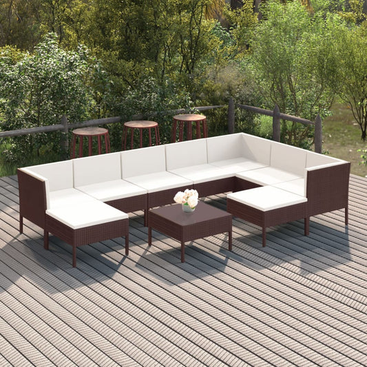 10-delige Loungeset met kussens poly rattan bruin