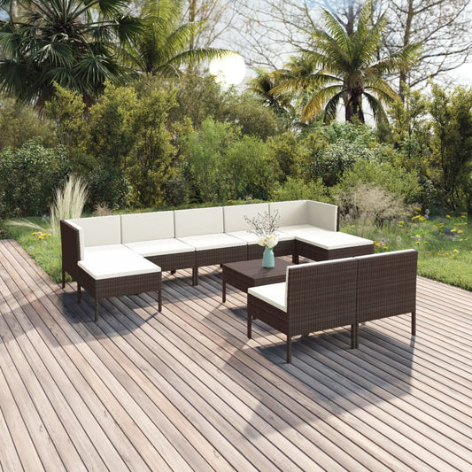 10-delige Loungeset met kussens poly rattan bruin