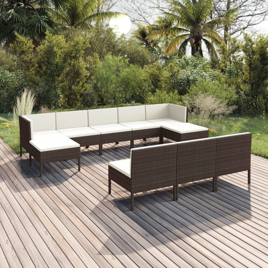 10-delige Loungeset met kussens poly rattan bruin