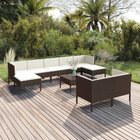 10-delige Loungeset met kussens poly rattan bruin