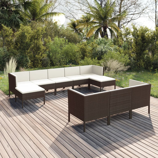 10-delige Loungeset met kussens poly rattan bruin