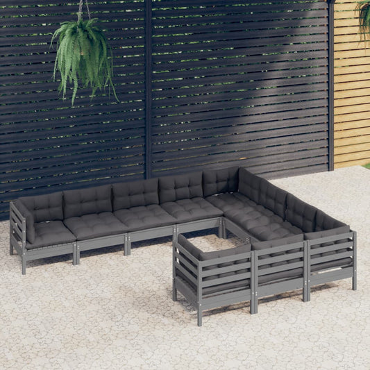 10-delige Loungeset met kussens grenenhout grijs