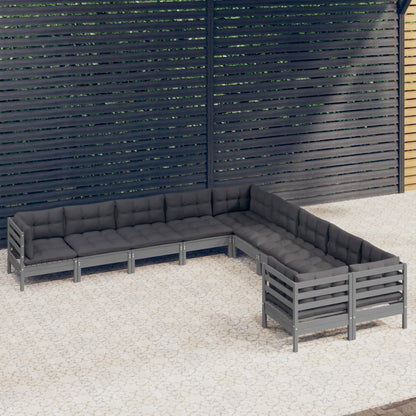 10-delige Loungeset met kussens grenenhout grijs