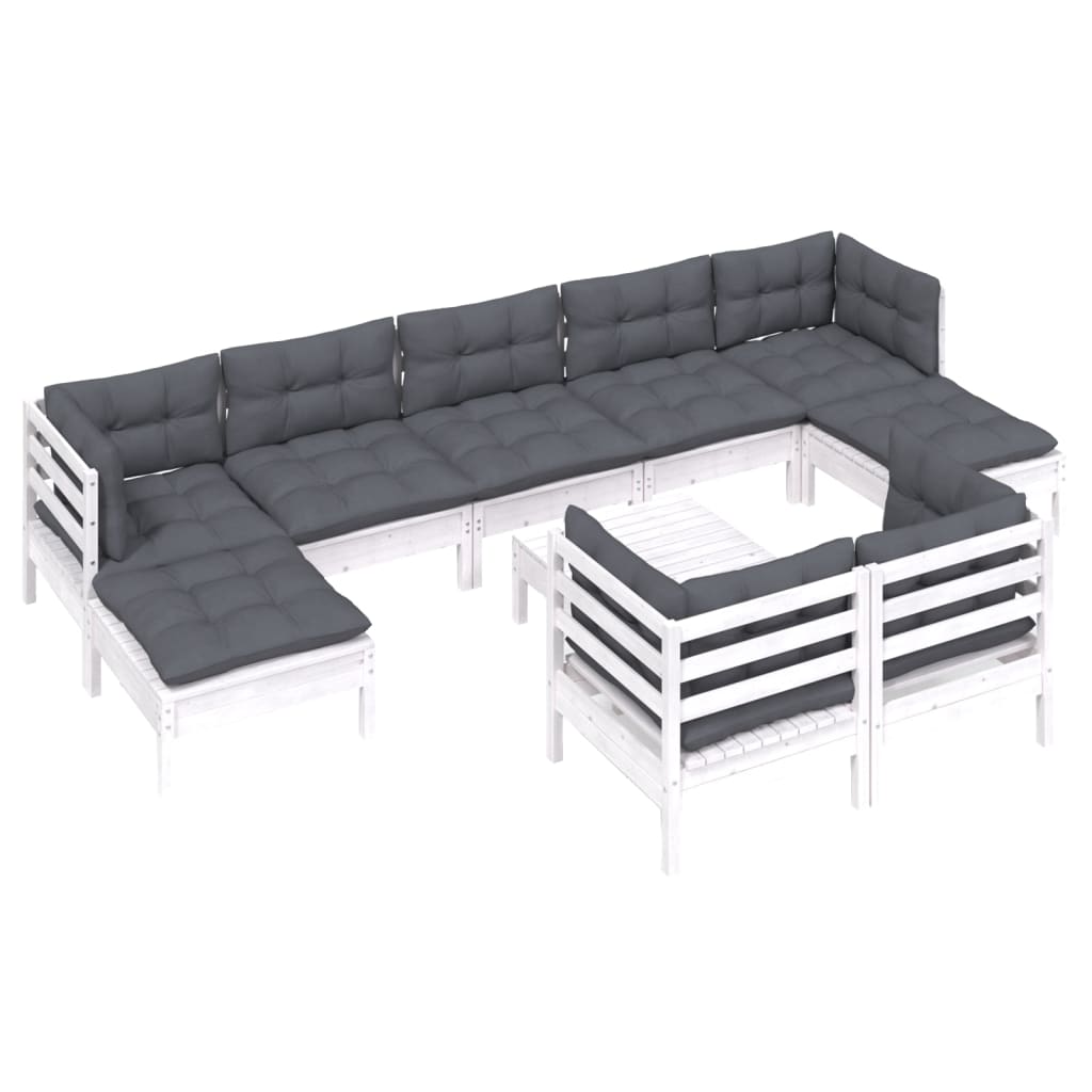 10-delige Loungeset met kussens massief grenenhout wit