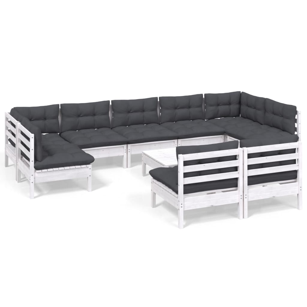 10-delige Loungeset met kussens massief grenenhout wit