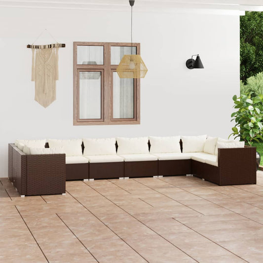 10-delige Loungeset met kussens poly rattan bruin