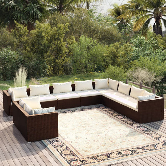 10-delige Loungeset met kussens poly rattan bruin