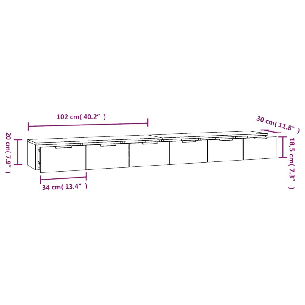 Wandkasten 2 st 102x30x20 cm bewerkt hout zwart