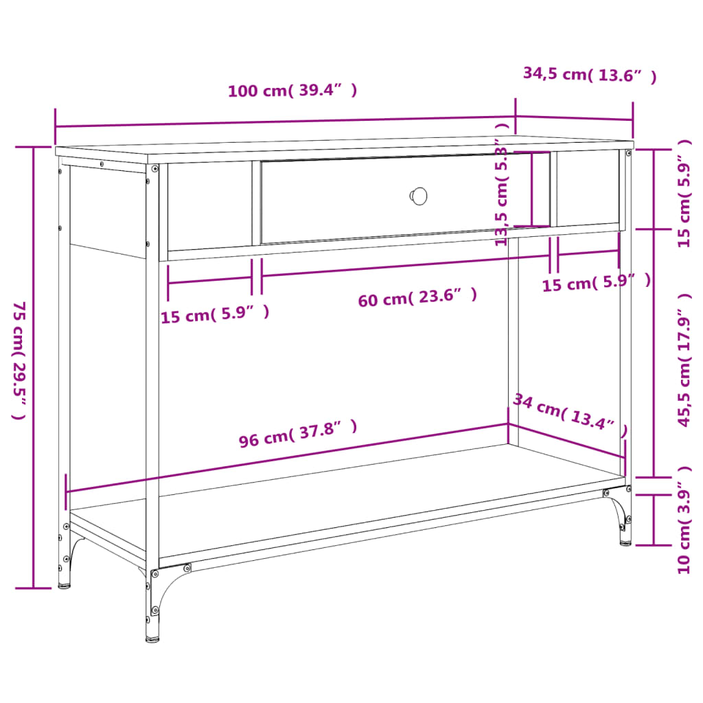 Wandtafel 100x34,5x75 cm bewerkt hout gerookt eikenkleurig