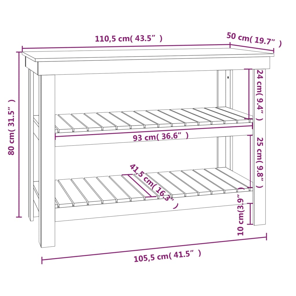 werkbank 110,5x50x80 cm massief grenenhout zwart