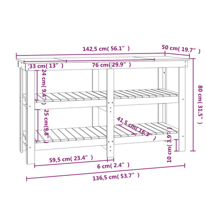 Werkbank 142,5x50x80 cm massief grenenhout wit