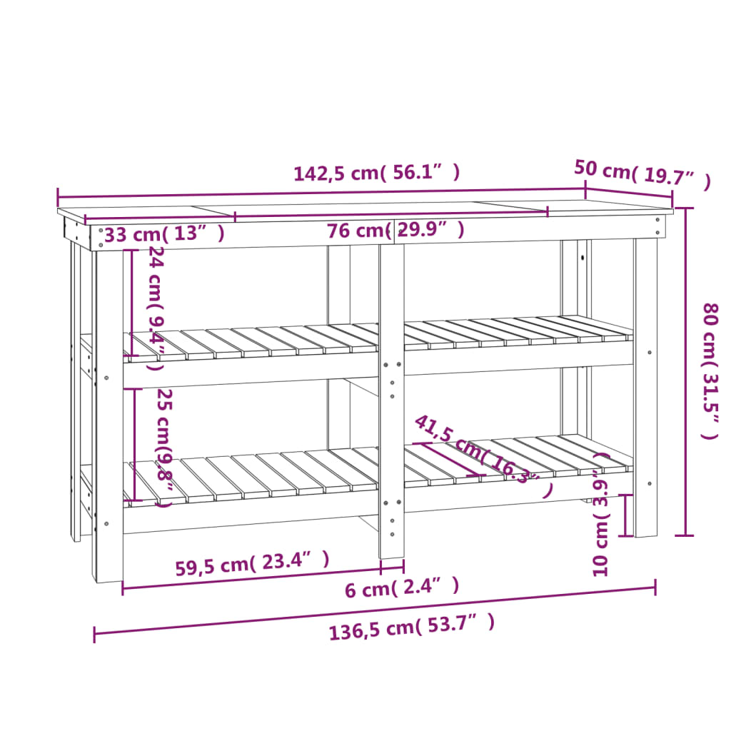 werkbank 142,5x50x80 cm massief grenenhout zwart