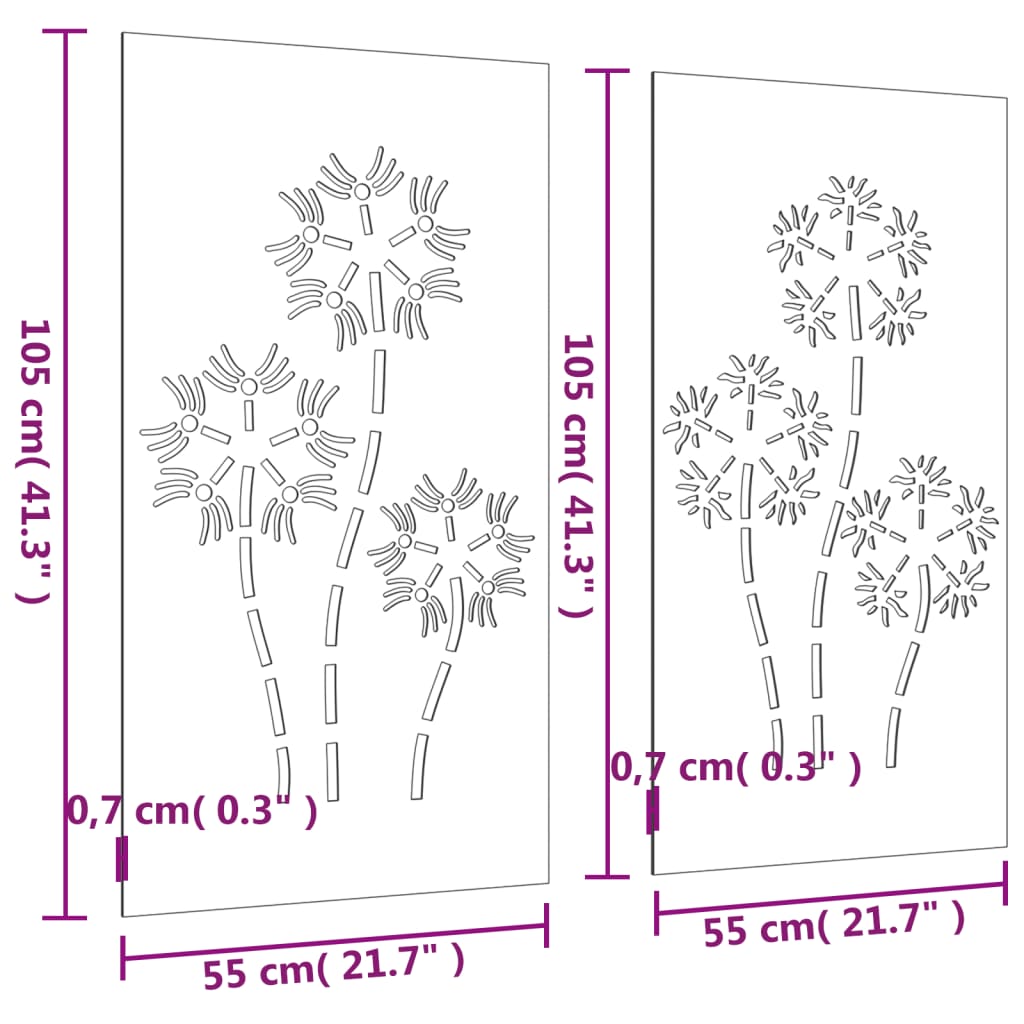 Wanddecoratie tuin 2 st bloemenontwerp 105x55 cm cortenstaal