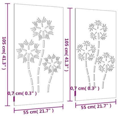 Wanddecoratie tuin 2 st bloemenontwerp 105x55 cm cortenstaal