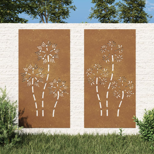 Wanddecoratie tuin 2 st bloemenontwerp 105x55 cm cortenstaal