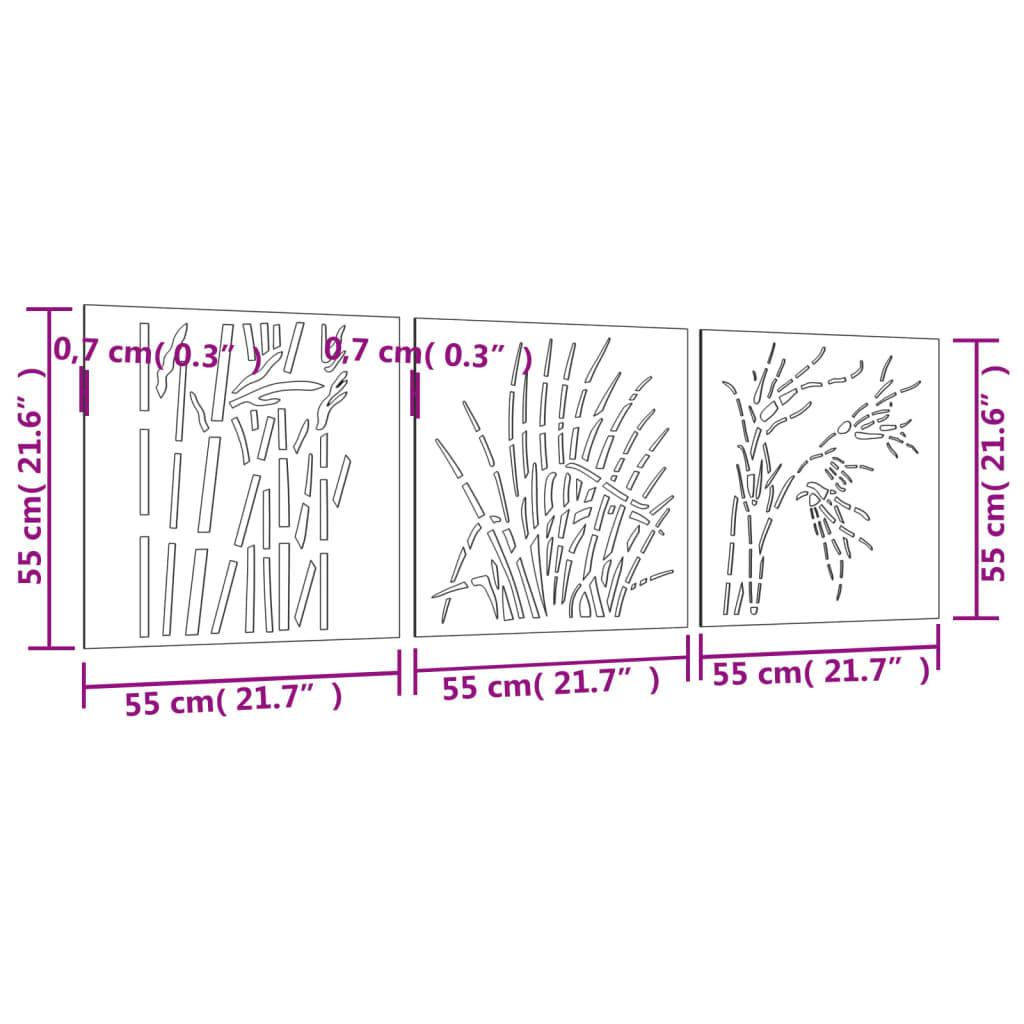 Wanddecoratie tuin 3 st grasontwerp 55x55 cm cortenstaal