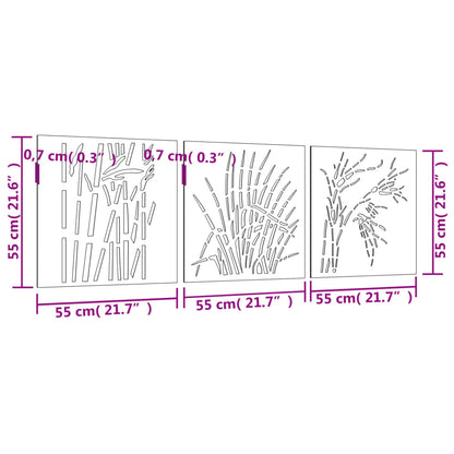 Wanddecoratie tuin 3 st grasontwerp 55x55 cm cortenstaal