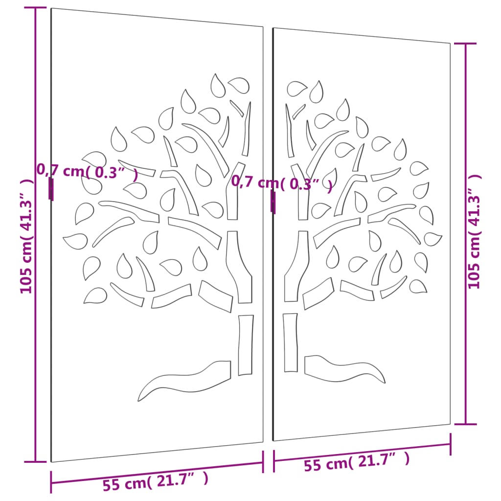 Wanddecoratie tuin 2 st boomontwerp 105x55 cm cortenstaal