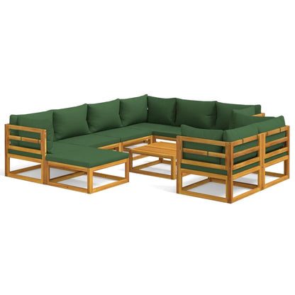 10-delige Loungeset met groene kussens massief hout