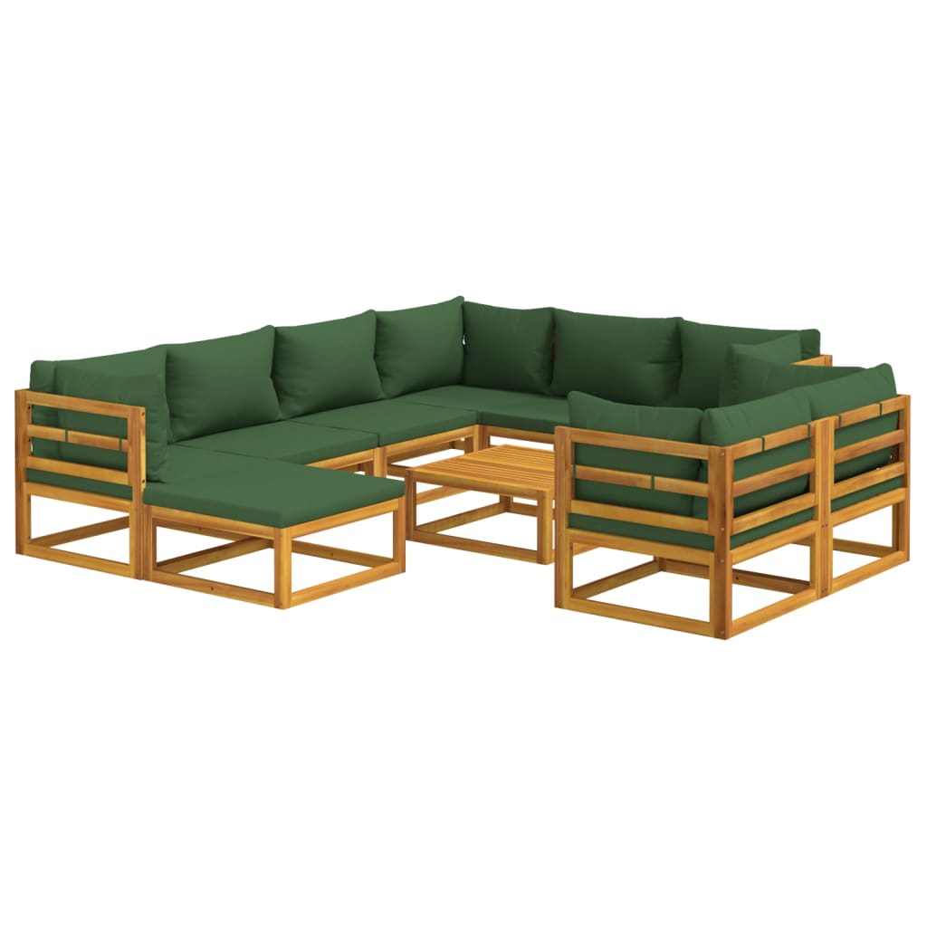 10-delige Loungeset met groene kussens massief hout