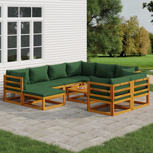 10-delige Loungeset met groene kussens massief hout