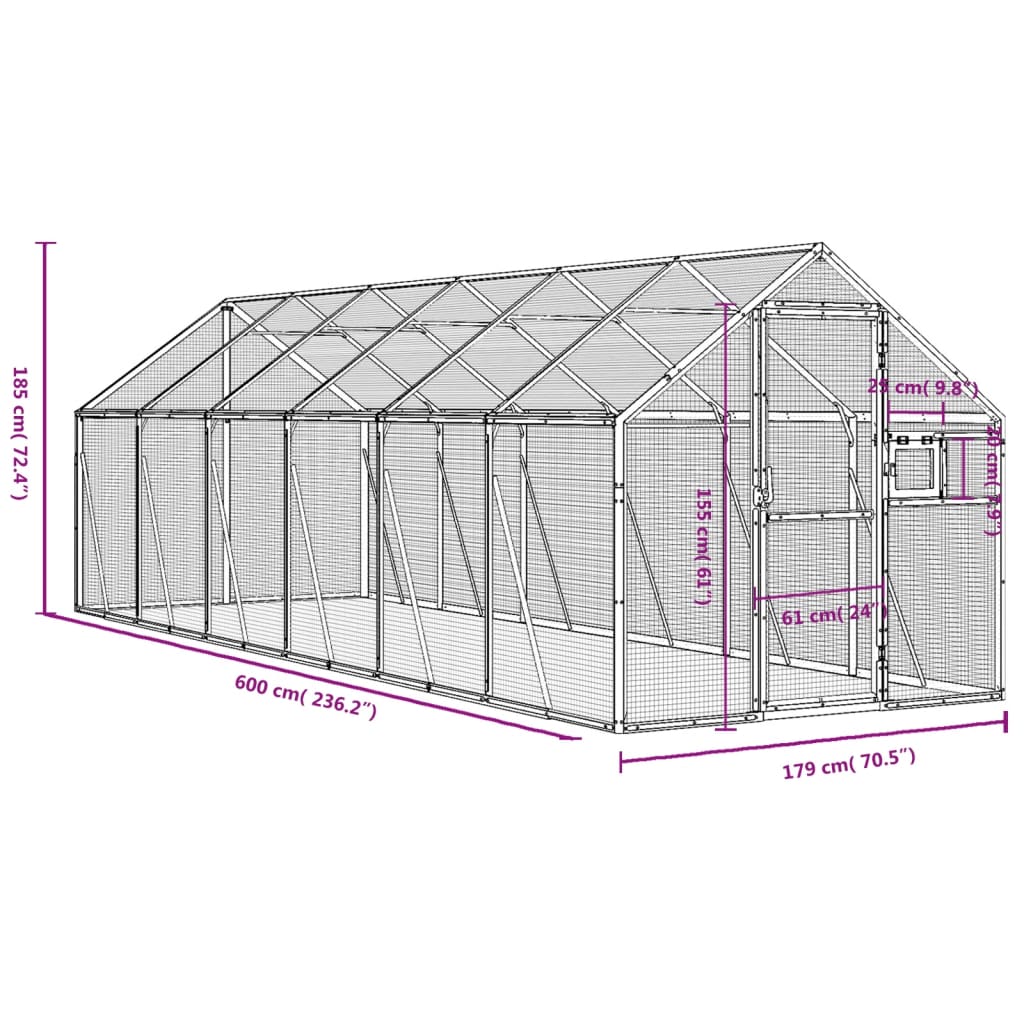 Volière 1,79x6x1,85 m aluminium zilverkleurig