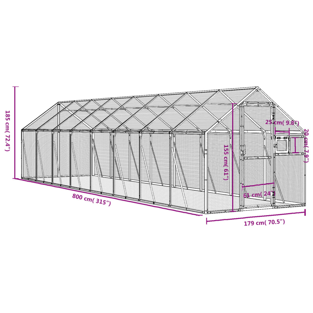 Volière 1,79x8x1,85 m aluminium antracietkleurig