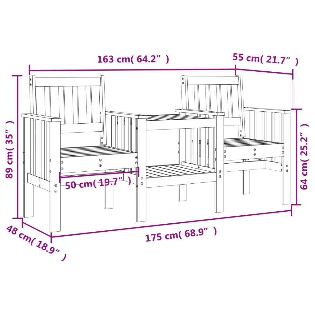 Tuinbank met tafel 2-zits massief grenenhout zwart