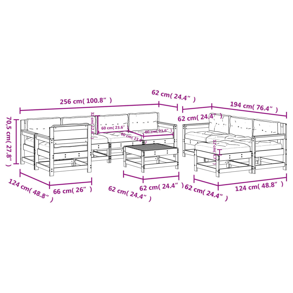 10-delige Loungeset met kussens massief hout grijs