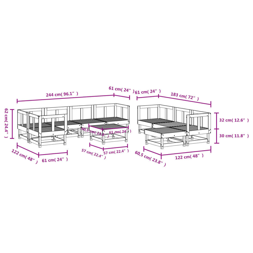 10-delige Loungeset massief grenenhout grijs