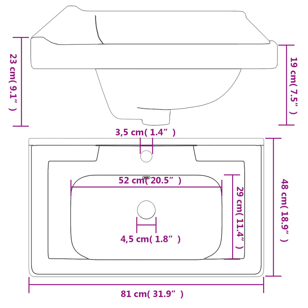 Wastafel rechthoekig 81x48x23 cm keramiek wit