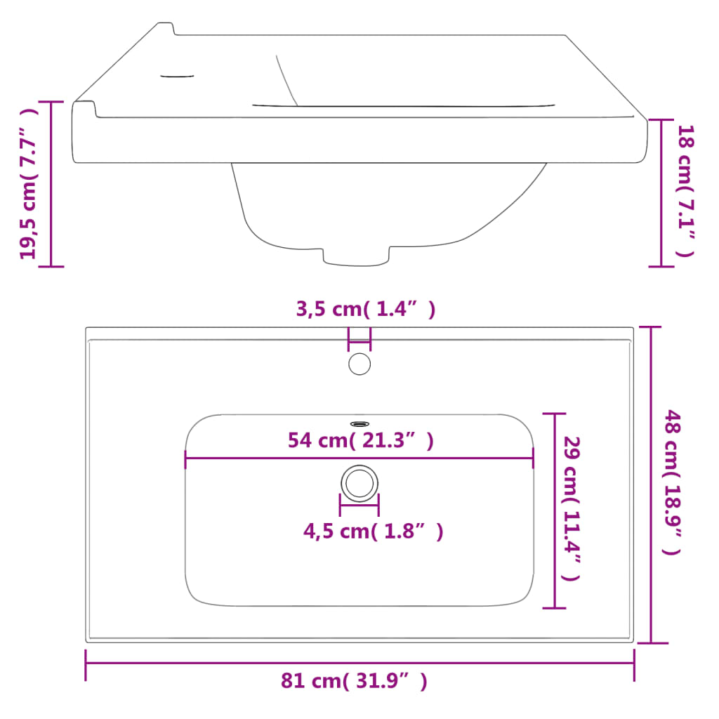 Wastafel rechthoekig 81x48x19,5 cm keramiek wit