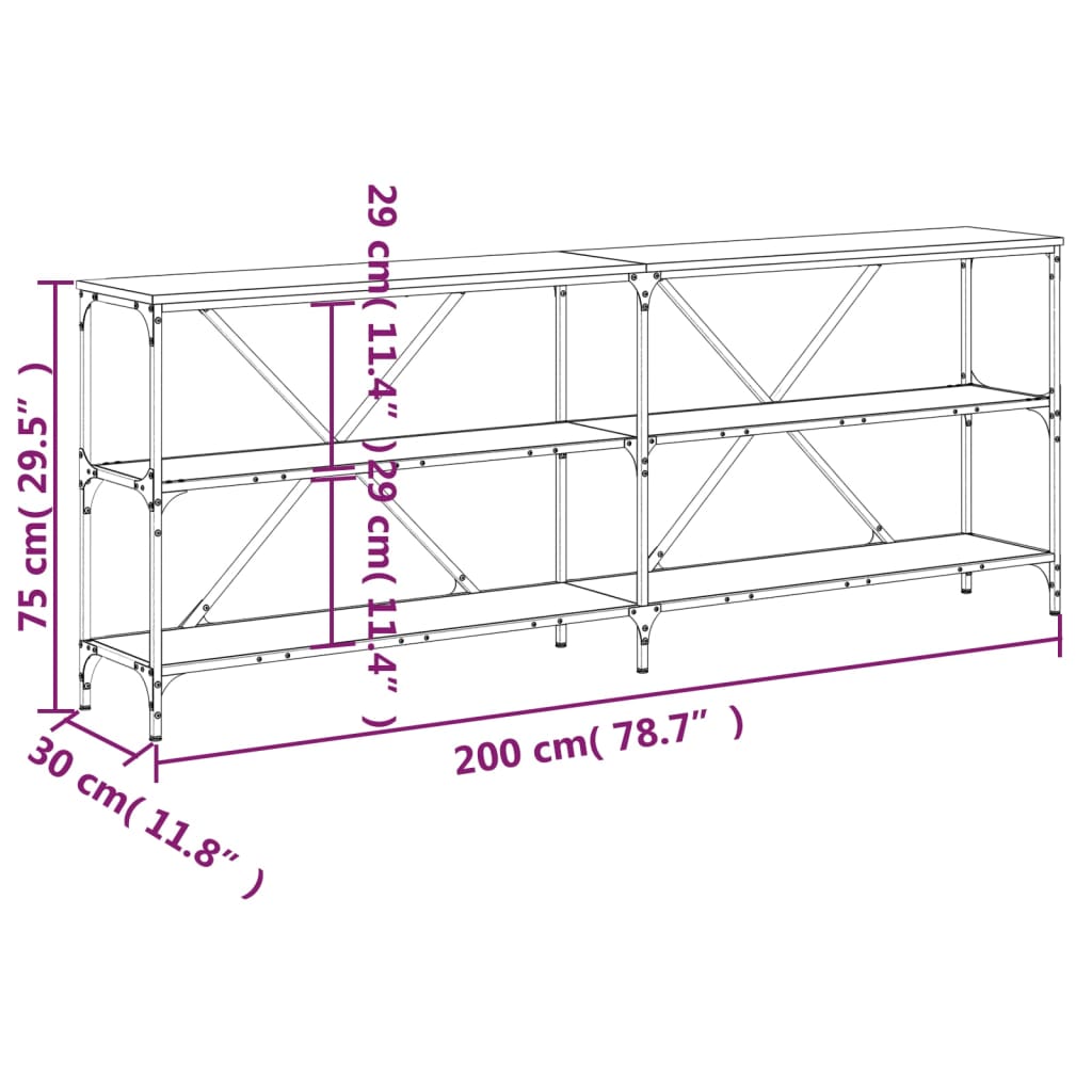 Wandtafel 200x30x75 cm bewerkt hout en ijzer bruin eikenkleur